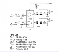 基于TDA2822构建的1W立体声耳机放大器原理图
