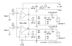 基于TDA2009A的2x10W音频放大器电路
